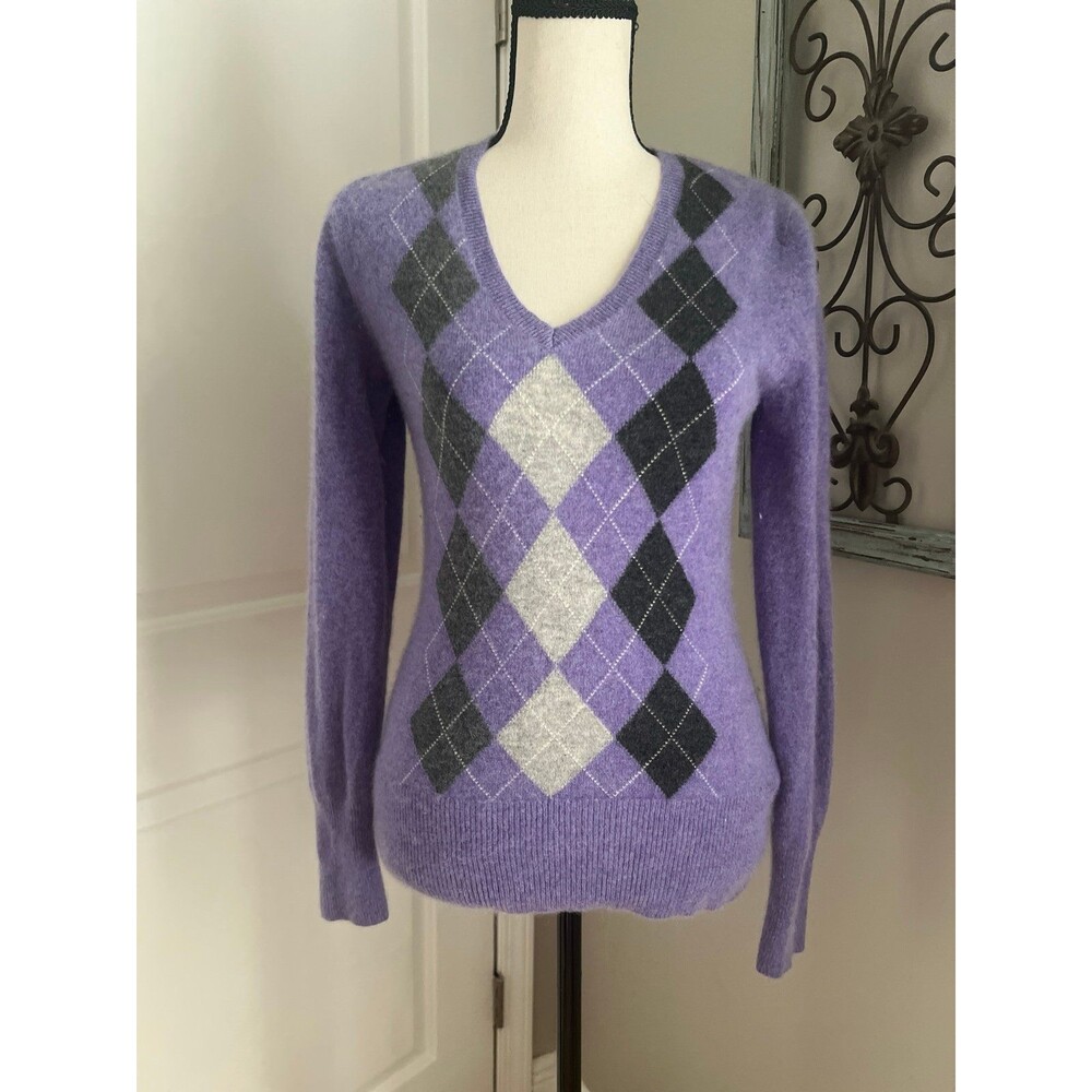 Apt 9 100% Cashmere Sweater Argyle Pattern V Neck Pullover purple and grey